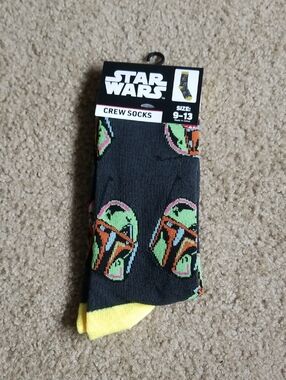 Star Wars Black Crew Socks with Green, Orange & Yellow Boba Fett Accents